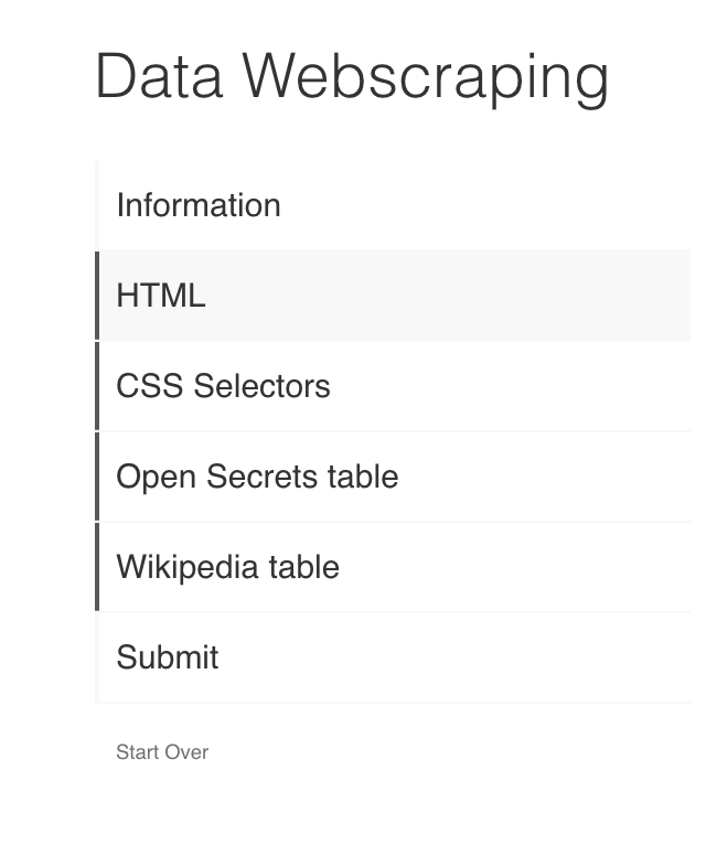 Side navigation bar of the Data Webscraping tutorial